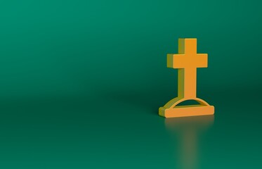 Poster - Orange Grave with cross icon isolated on green background. Minimalism concept. 3D render illustration