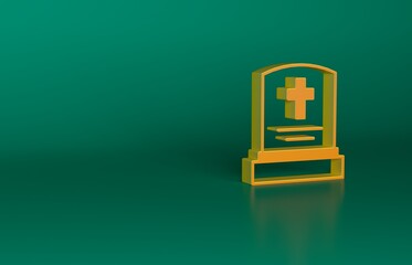 Poster - Orange Grave with tombstone icon isolated on green background. Minimalism concept. 3D render illustration