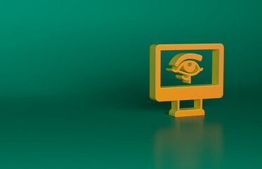 Sticker - Orange Eye of Horus on monitor icon isolated on green background. Ancient Egyptian goddess Wedjet symbol of protection, royal power and good health. Minimalism concept. 3D render illustration