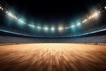 Sport Stadium With Grandstands Full Of Fans, Shining Night Lights And Wooden Deck. Digital 3D Illustration Of Sport Stadium For Background Use.Generative AI.