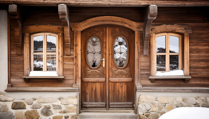 Wall Mural - Entrance rustic wooden door with stained glass windows on the facade of a cozy country house or cottage. AI generated