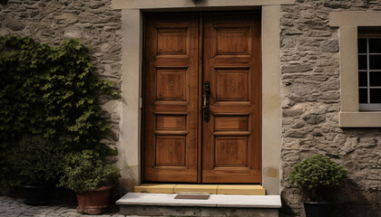 Wall Mural - Vintage brown wooden front door on the facade of a building with windows, AI generated