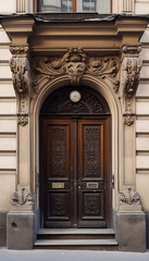 Wall Mural - Vintage brown wooden front door on the facade of a building, AI generated