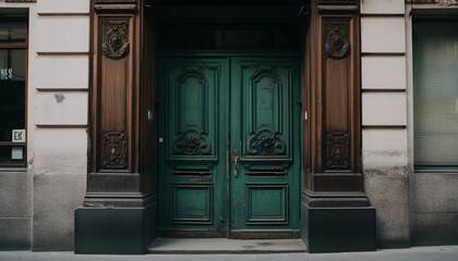 Wall Mural - Vintage green wooden entrance door on the facade of the building, AI generated