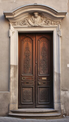 Wall Mural - Vintage brown wooden front door on the facade of a building, AI generated