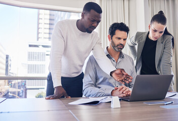 Fototapete - Group, business people and laptop in office for discussion, planning and strategy for finance, project and diversity. Men, woman and computer in workplace with teamwork, problem solving and solution