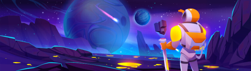 Wall Mural - Astronaut explore planet in space cartoon fantasy vector background. Falling meteorite in outer cosmos scene. Lava puddle on cosmic surface and cosmonaut character in suit with helmet at night