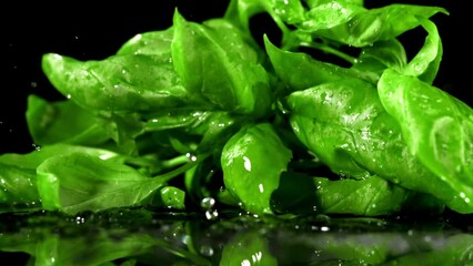 Wall Mural - Basil falls on a wet table. Filmed is slow motion 1000 fps. High quality FullHD footage