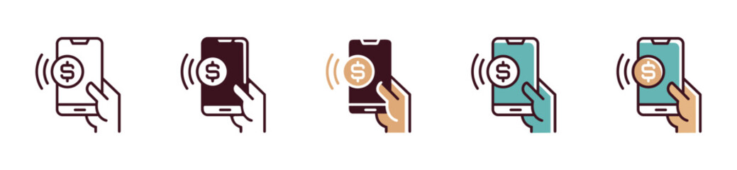 Poster - mobile transfer payment icon vector, hand holding a smartphone doing online shopping paying transaction signs illustration