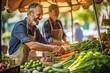 A cheerful man takes pride in arranging a vibrant display of fresh, organic vegetables, greeting customers with a warm smile at a sunny, bustling farmer's market.