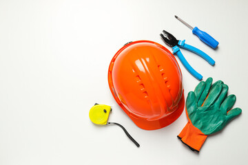 Concept of different work accessories, engineering supplies and tools