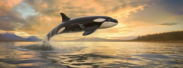 An image of an orca whale jumping out of the water in Alaskan waters, with a sunset in the background