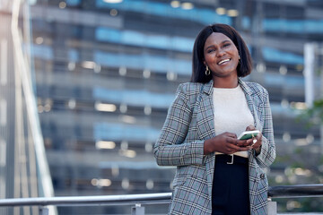 Poster - Portrait, business phone and black woman in city, urban street or outdoor. Face, smartphone and female professional, entrepreneur or person from South Africa on mobile app, social media and happy.