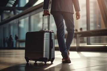  businessman walking with a suitcase in the airport terminal, business travel concept