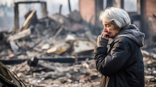 Portrait Of A Sad Elderly Woman In Front Of A Burning House. Generative AI.