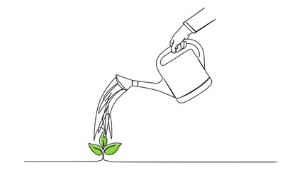 Wall Mural - animated continuous single line drawing of person watering small green plant with watering can, line art animation