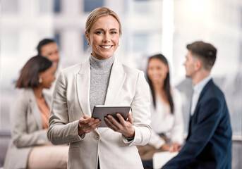 Aufkleber - Leader, business woman and tablet outdoor with a smile for communication, networking and research. Portrait of female entrepreneur in city with tech, team and network connection for management