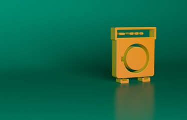 Sticker - Orange Washer icon isolated on green background. Washing machine icon. Clothes washer - laundry machine. Home appliance symbol. Minimalism concept. 3D render illustration