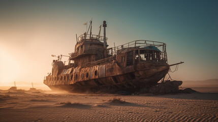 old rusty ship skeleton in the desert. generative ai