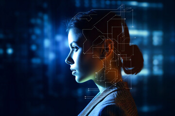 Wall Mural - young woman head with generic technology circuits over. concept of artificial intelligence and advan