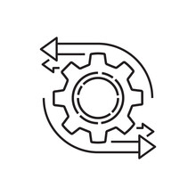 Easy Operation Process With Thin Line Gearwheel. Outline Trend Modern Simple Recycle Or Execute Logotype Graphic Design Element Isolated On White. Concept Of Financial Engine Or Solution Realization