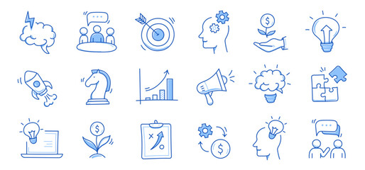 Business idea, startup doodle line icon set. Hand drawn doodle sketch line style business strategy, finance goal concept. Rocket, target, brain cute element. Vector illustration