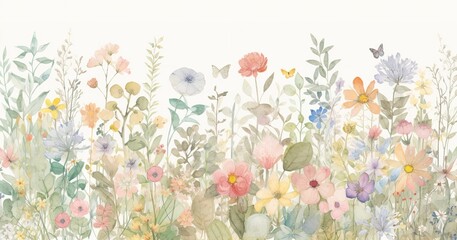 Wall Mural - a digital artwork depicting a meadow filled with blooming flowers Generative AI