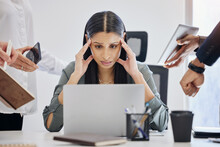Stress, Multitask And An Overwhelmed Business Woman At Work On A Laptop In Her Office For A Deadline. Technology, Burnout Or Anxiety With A Young Female Employee Feeling Pressure From A Busy Schedule
