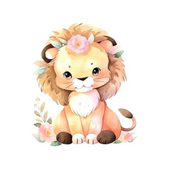 Sticker - Lion baby watercolor in beautiful style. Animal wildlife holiday cartoon character. Vector collection. Summer nature decoration. Colorful vector illustration. Poster design.