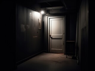 A dark room with a door