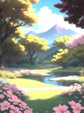 Fototapeta Sport - illustration of natural scenery in the forest with mountains background during the day, ai generate 