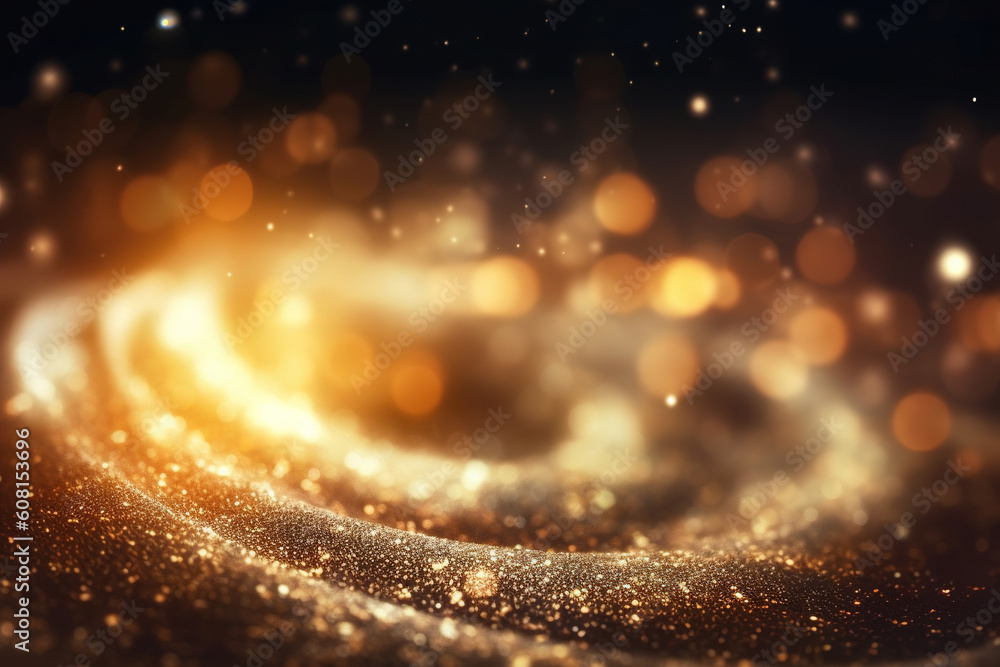 Golden swirly bokeh lights shimmer against a dark background, creating ...