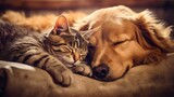 Fototapeta Zwierzęta - A dog and a cat sleeping hugging each other made with Ai generative technology