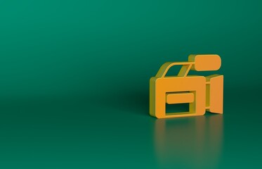 Poster - Orange Cinema camera icon isolated on green background. Video camera. Movie sign. Film projector. Minimalism concept. 3D render illustration