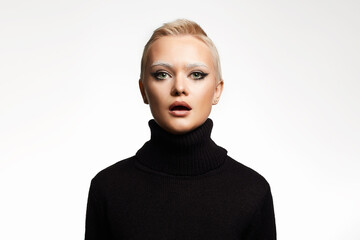 Wall Mural - portrait of short hair beautiful young woman. sensual girl with make-up and blond hair
