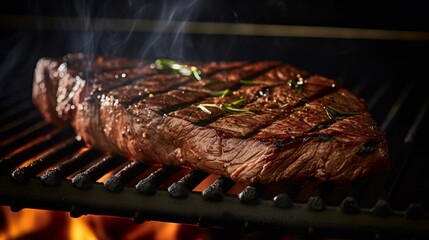 flank steak being grilled with some vegetables and grill marks on the meat