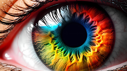 Macro with rainbow pupil .Close up colorful eye. Generatived AI