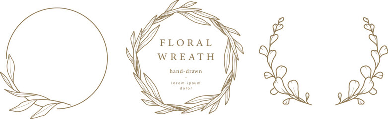 Wall Mural - Hand drawn laurel floral frames with a branch with leaves. Elegant logo template. Vector illustration for label, branding business identity, wedding invitation