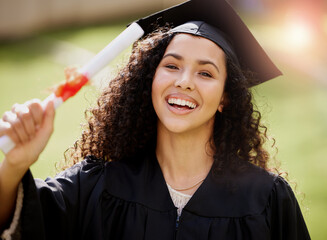 Sticker - University student, woman portrait and college graduate with school achievement outdoor with smile. Female person, education certificate and campus with degree and happiness from study success