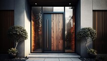 Modern Luxury House Front Door With Metal Handle, Big Glass Side Panels And Potted Plant. Generative AI