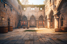 Paved Courtyard For Soldier Training In Medieval Castle. Cinematic Light, Volumetric Light, No People With Empty Space For Characters. Realistic Environment Made With Generative AI