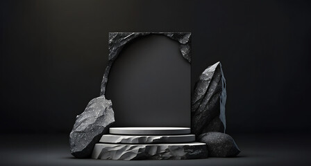 Abstract minimal concept. Dark background with natural granite stones podium. Mock up template for product presentation. 3D rendering. copy text space