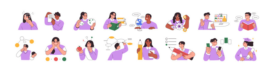 Wall Mural - smart students studying, learning set. education and knowledge concept. learners characters reading 