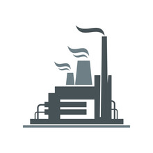 Factory Icon With Industrial Plant Building, Vector Power Industry. Oil And Gas Production Plant, Refinery Factory Or Nuclear Power Station Isolated Silhouette With Smoke Pipes, Chimney And Pipeline