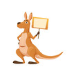 Cartoon kangaroo character with sign board. Isolated vector funny wallaby holding wooden banner on stick. Australian national marsupial animal personage with announcement. Smiling comic wallaroo