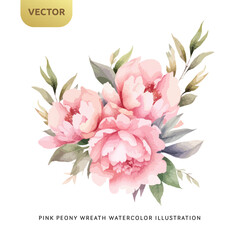 Wall Mural - Vintage Pink Peony Flowers Watercolor isolated on white background. Decorative floral element for wedding, valentine or love invitation. Vector illustration