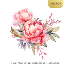 Wall Mural - Vintage Pink Peony Flowers Watercolor isolated on white background. Decorative floral element for wedding, valentine or love invitation. Vector illustration