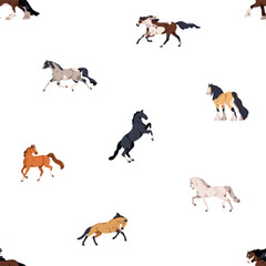 Fototapete - Horses, seamless pattern design. Stallion breeds, endless background. Steeds animals in action, motion, repeating print. Colored flat vector illustration for decoration, wallpaper, wrapping, textile