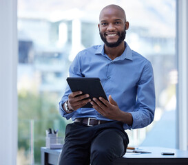 Poster - Business man, tablet and portrait of a executive and ceo of company in a office. Tech, smile and happy entrepreneur with startup vision of IT developer leader job with app and technology by a desk