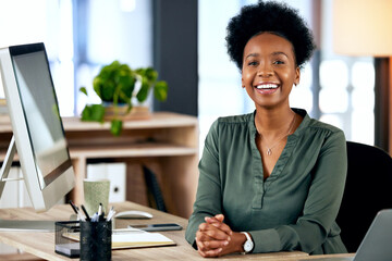 Poster - Happiness, pride and portrait of black woman at desk with smile, computer and African entrepreneur with smile. Happy face of businesswoman in office, small business startup and receptionist at agency